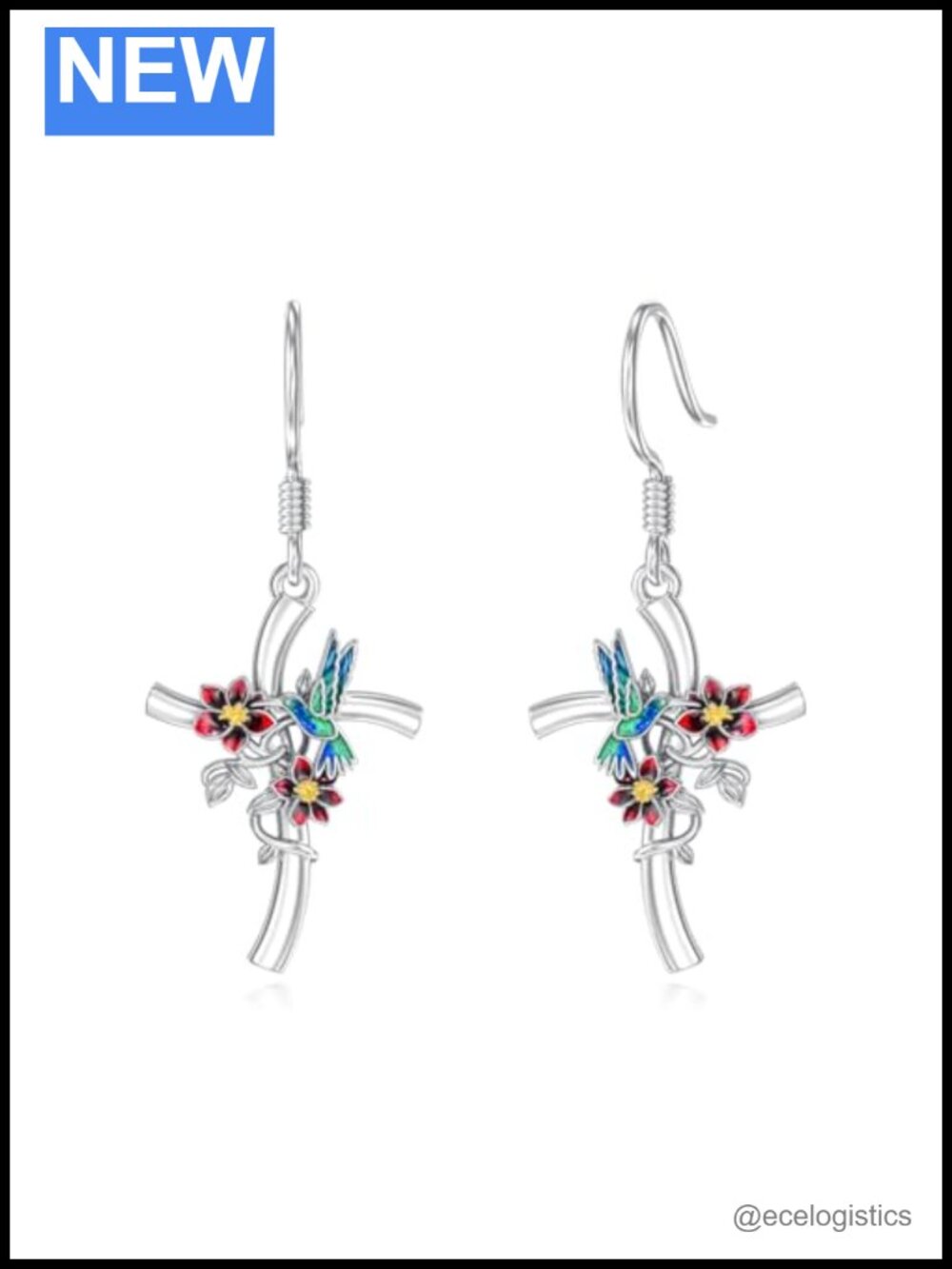 925 Sterling Silver Hummingbird Cross Drop Dangle Earrings